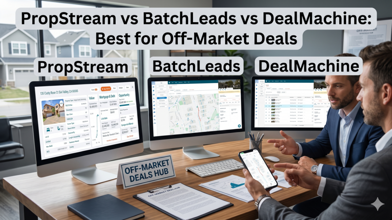 PropStream vs BatchLeads vs DealMachine &mdash; best off-market real estate lead generation software comparison for agents in 2026
