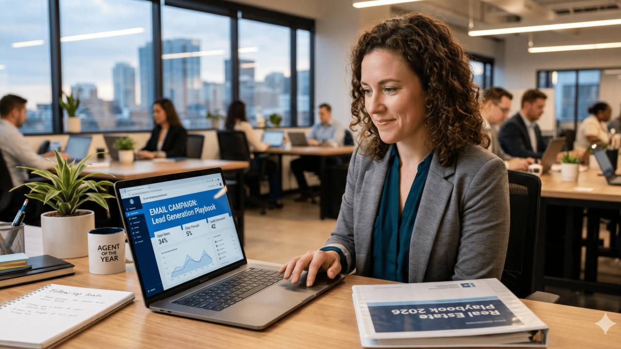 Real estate agent reviewing email marketing campaign dashboard for lead generation in 2026