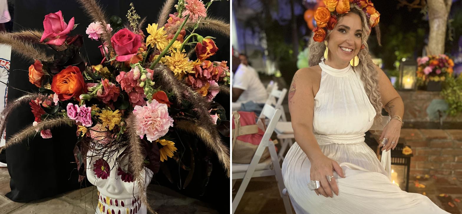 Daniele on her birthday, November 2, wearing a crown of orange roses, next to a skull vase filled with flowers