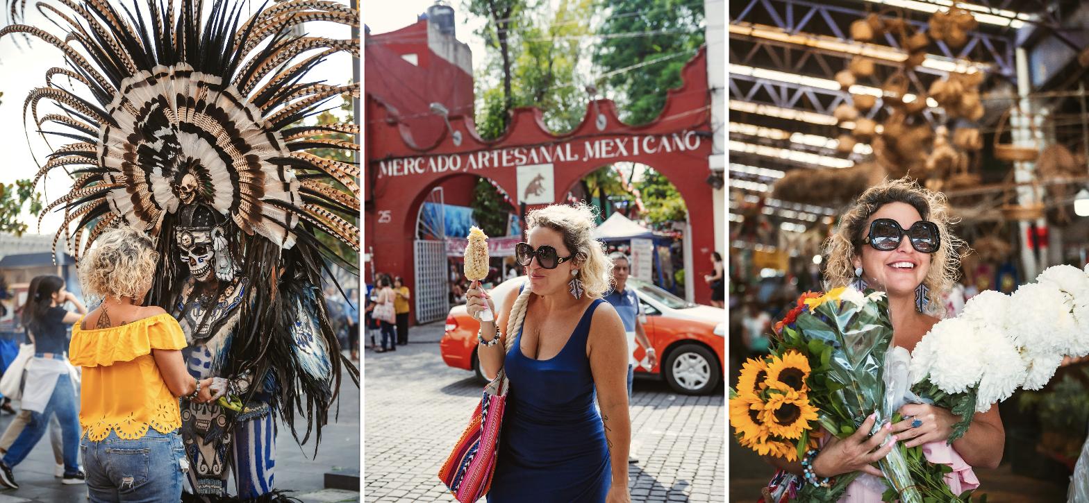 Three photos: a limpia ritual in the Centro Histórico, Daniele outside Mercado Artesanal Mexicano with elote, and Daniele holding sunflowers and white chrysanthemums