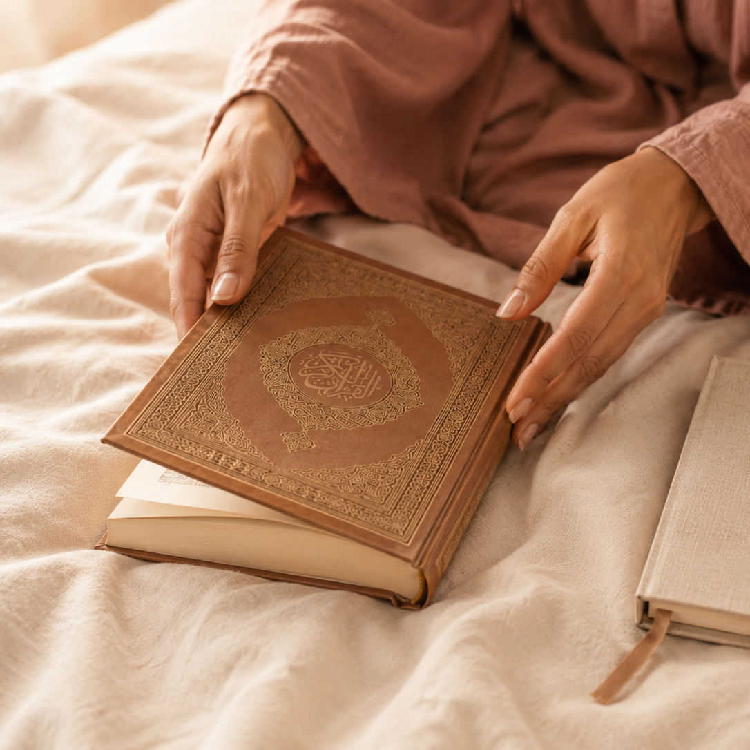 Hands resting on a closed Mus'haf