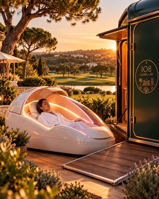 Relaxation pod beside IO8 Living Lab Mobile, concept render