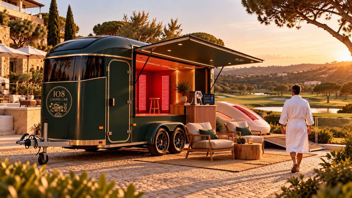 IO8 Living Lab Mobile deployed on a hotel terrace facing a golf course, concept render