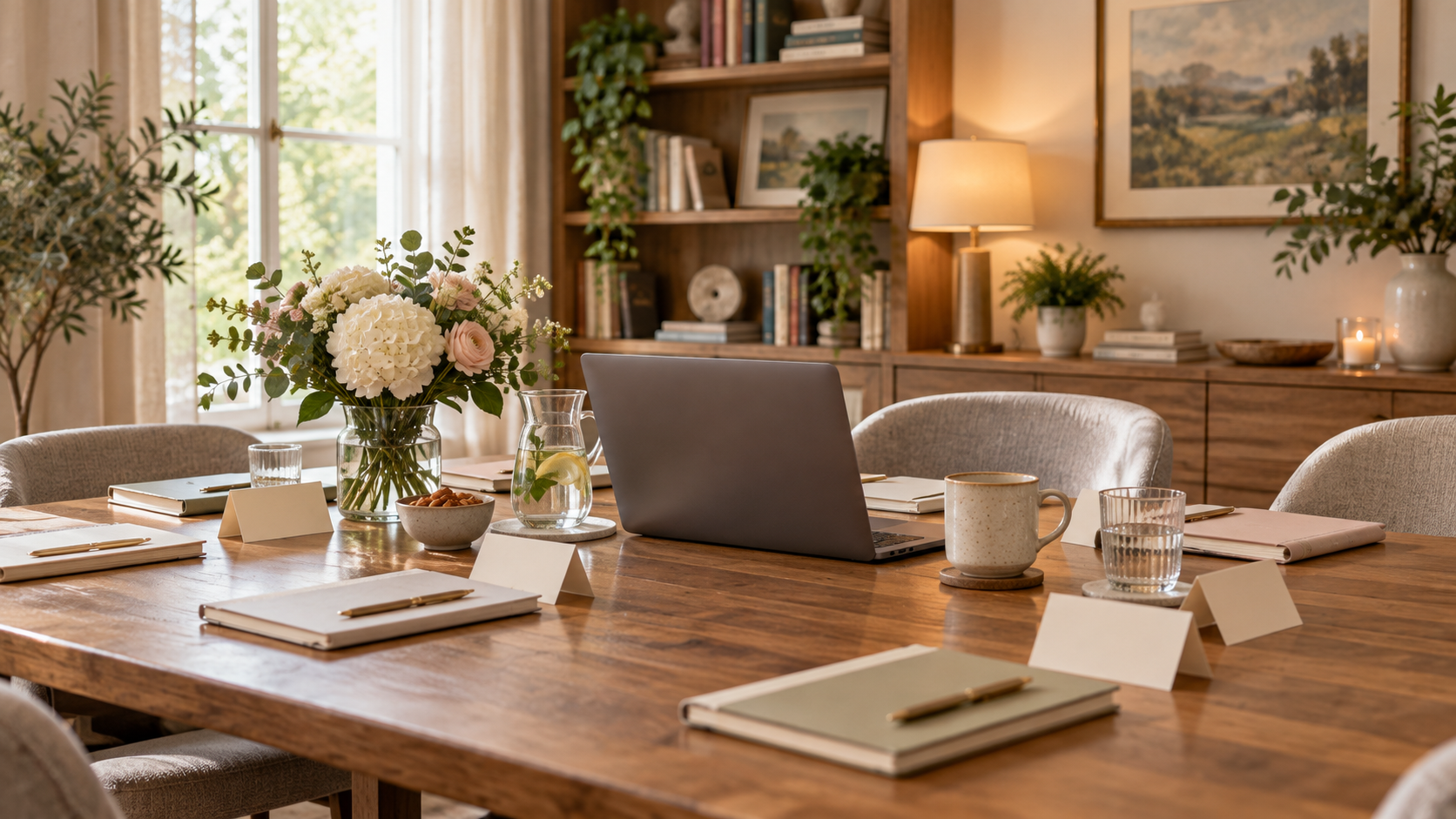 A table set for a small group, with places and notebooks