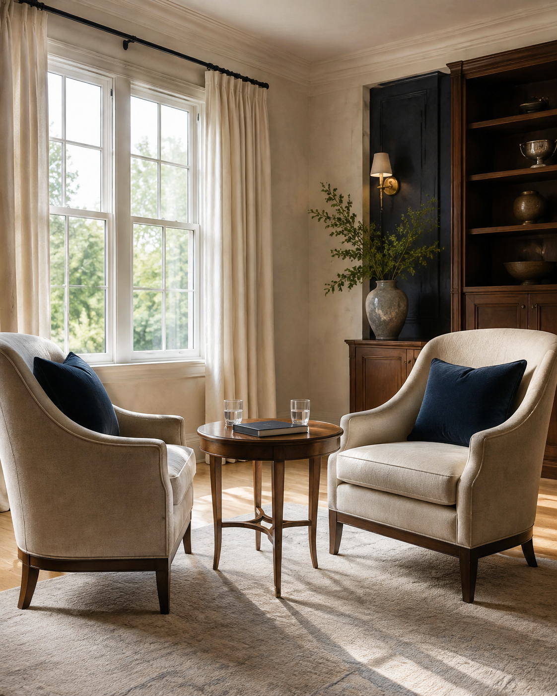 Two armchairs in a light room, set for a private conversation