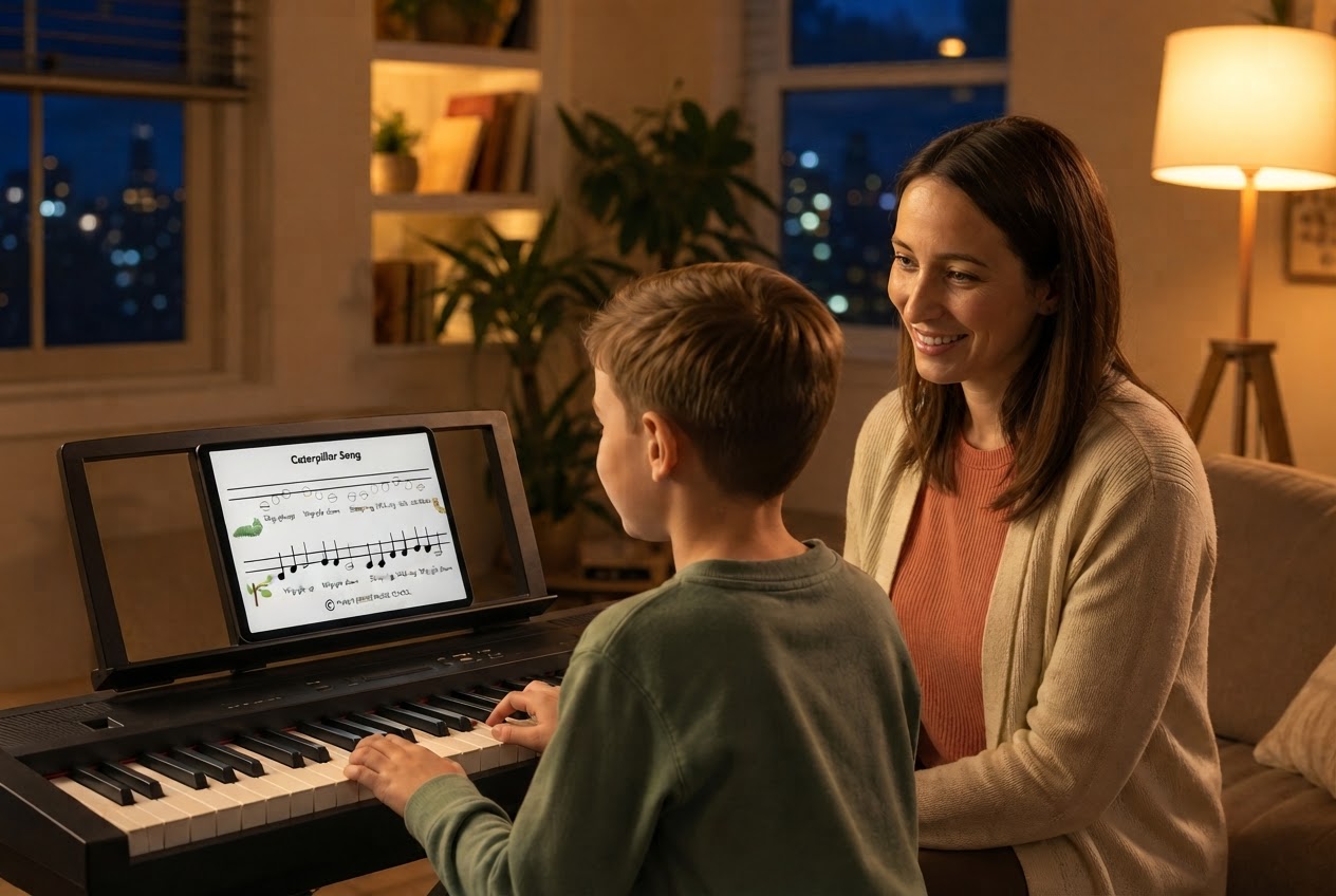 Parent helping child learn piano with video lesson feedback