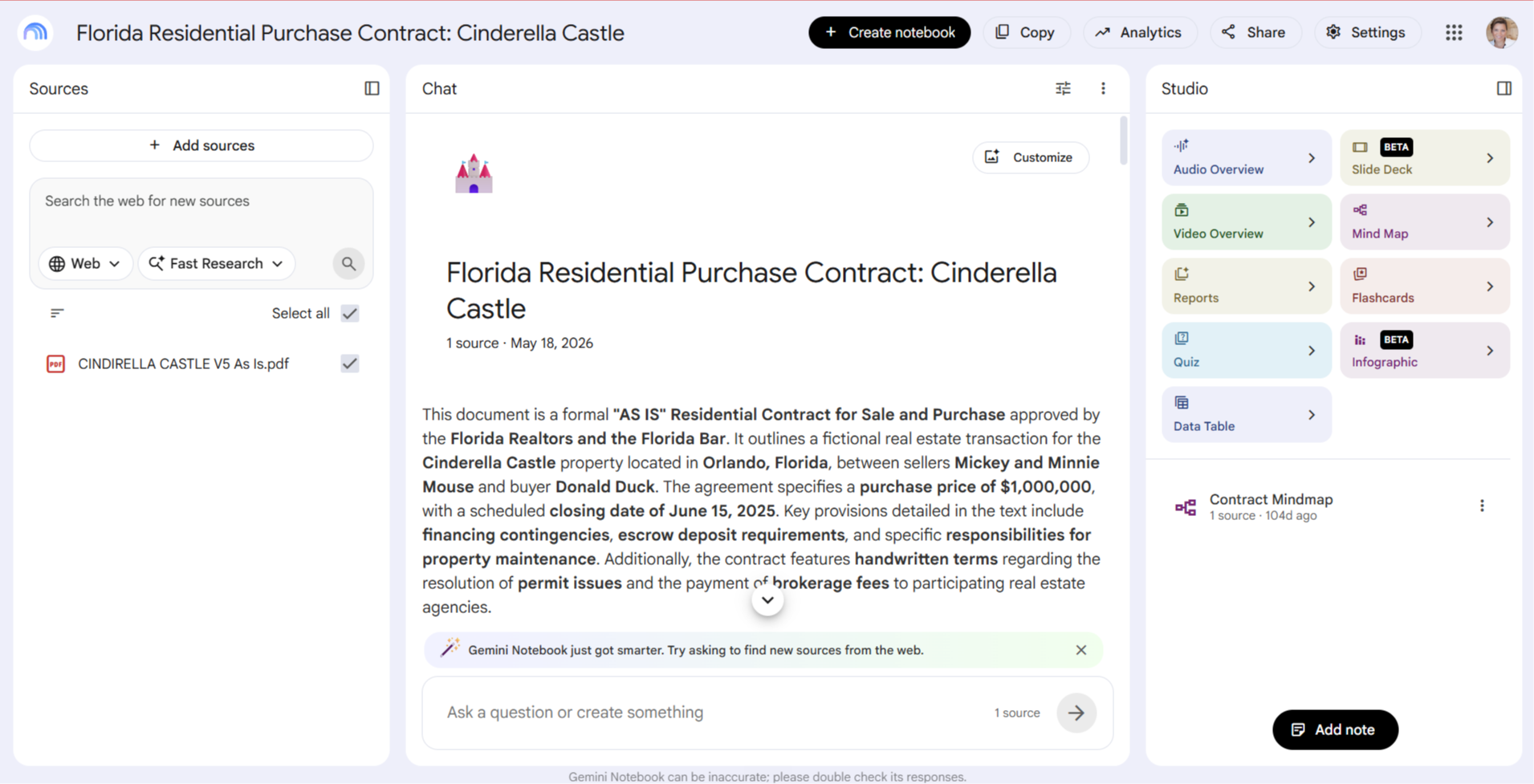 Gemini Notebook with transaction documents loaded and a cited answer