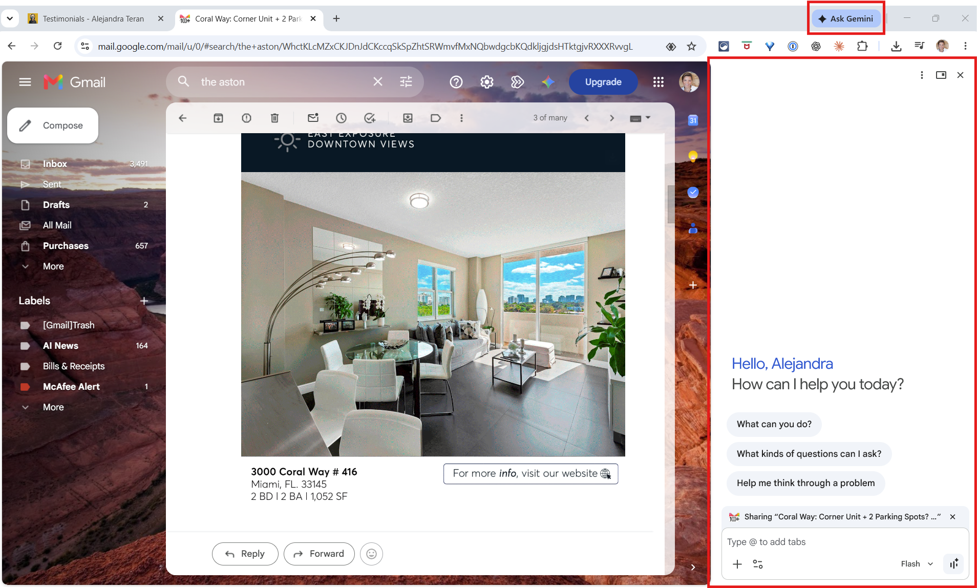 Ask Gemini panel open on the right side of Chrome