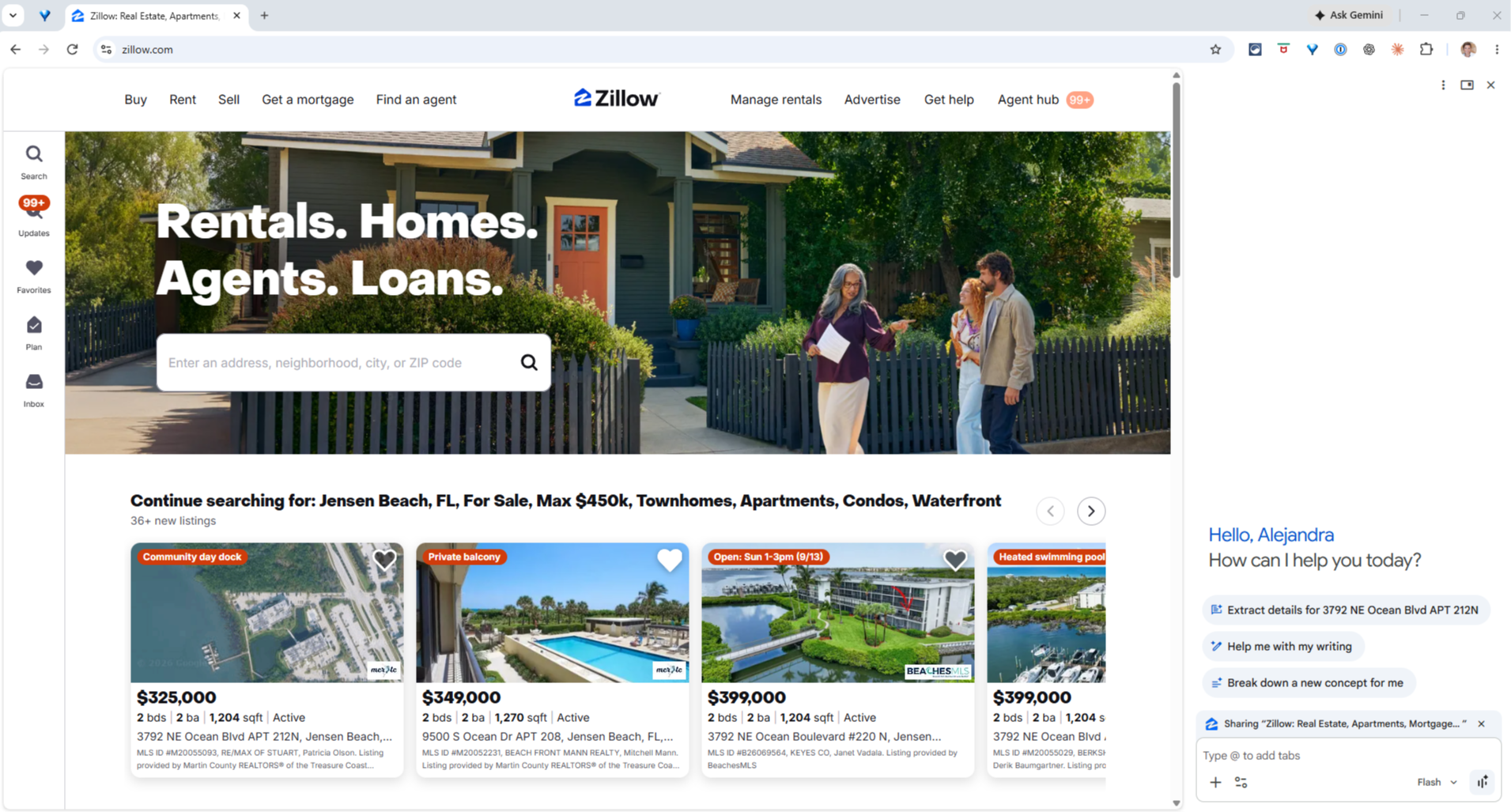 Ask Gemini panel open over a Zillow listing