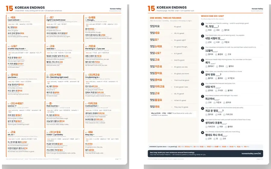 Both pages of the 15 Korean Endings cheat sheet