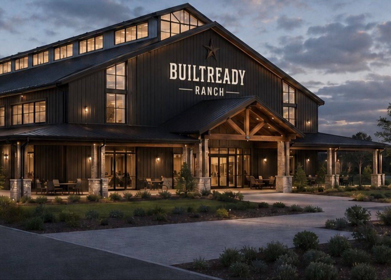The BUILTREADY Ranch training facility at dusk