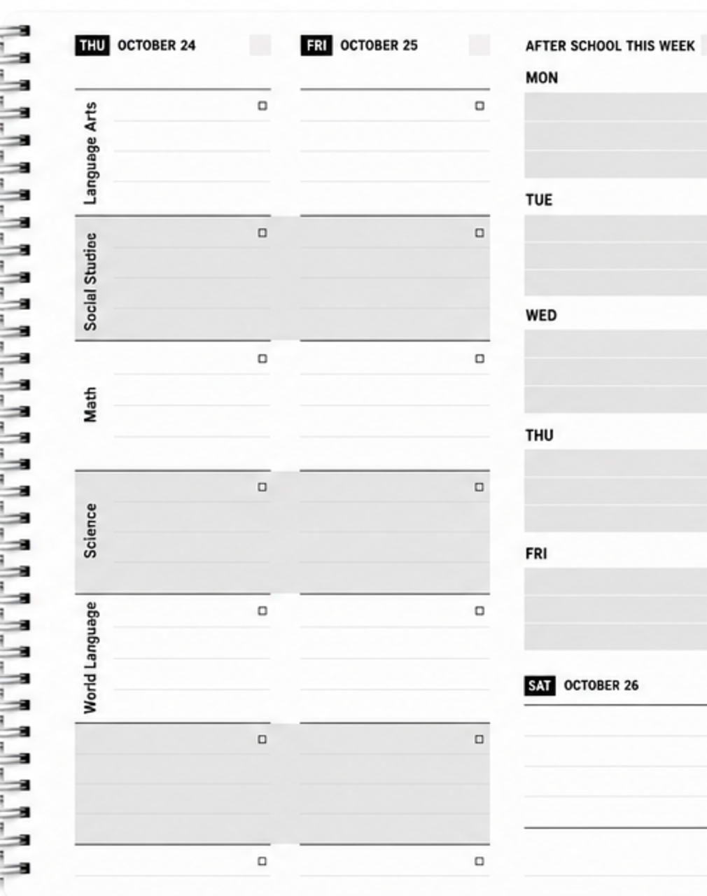 A typical school planner spread