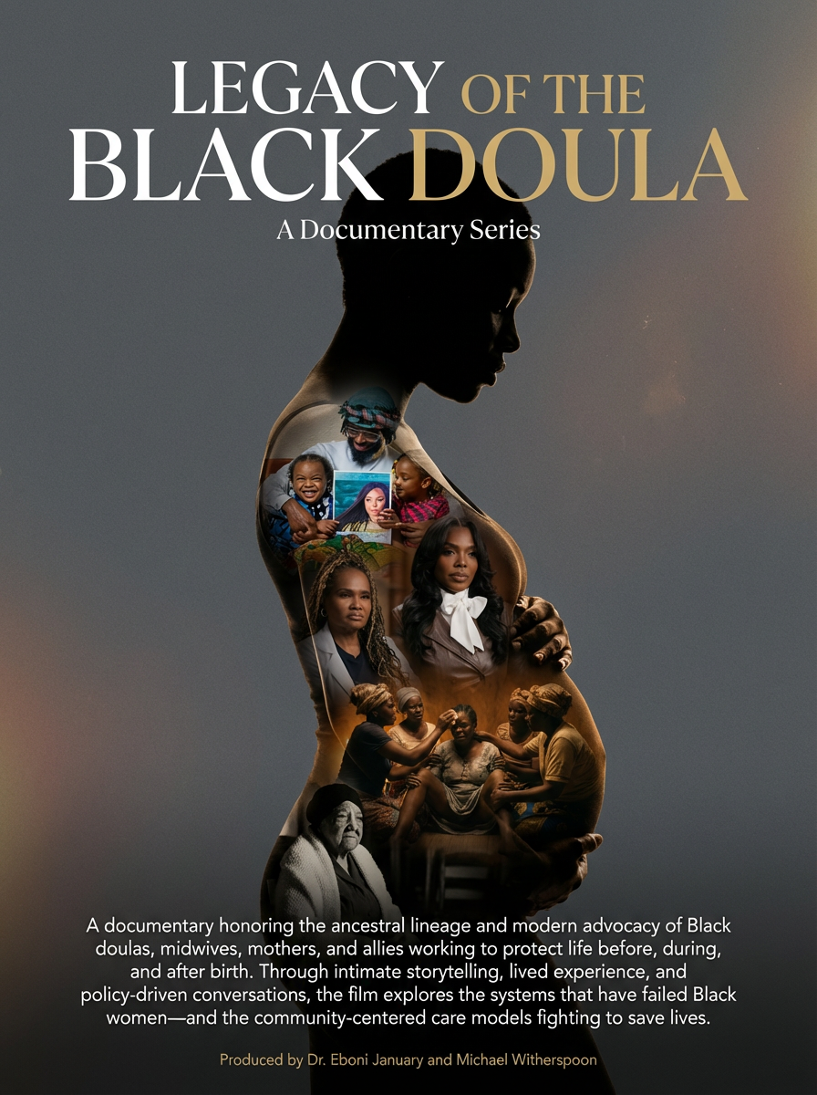Poster for Legacy of the Black Doula, a documentary series produced by Dr. Eboni January and Michael Witherspoon.