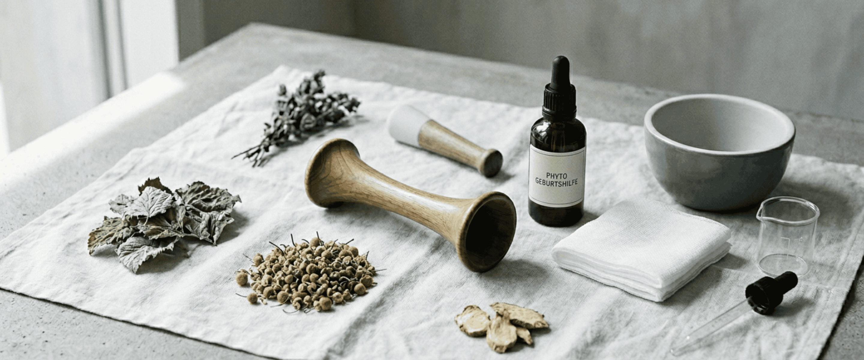 Pinard-Hörrohr, Mörser mit Kamille, Heilpflanzen und Tropfflasche auf Leinen