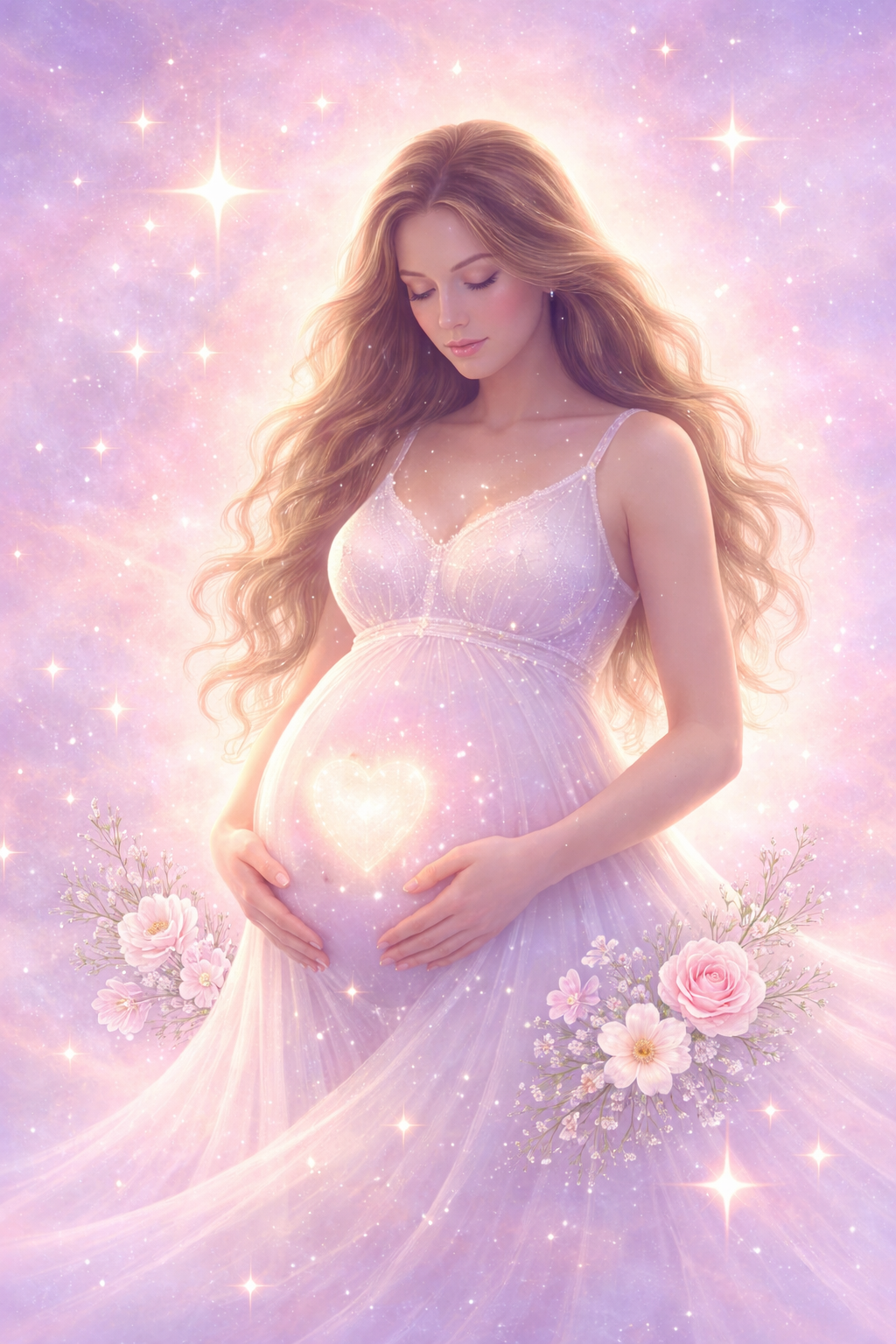 Pregnant woman in soft cosmic light surrounded by stars and pink flowers spirit baby connection