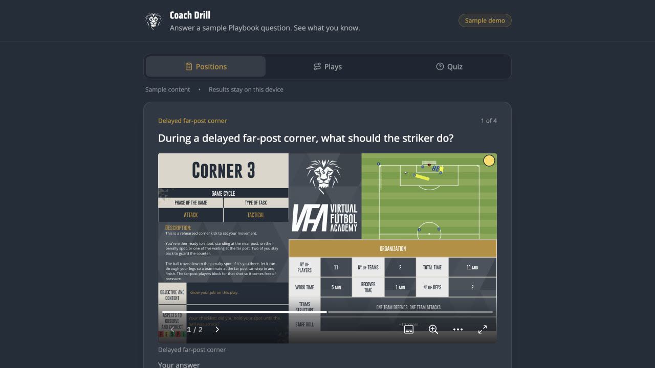 Coach Drill question with a delayed far-post corner diagram