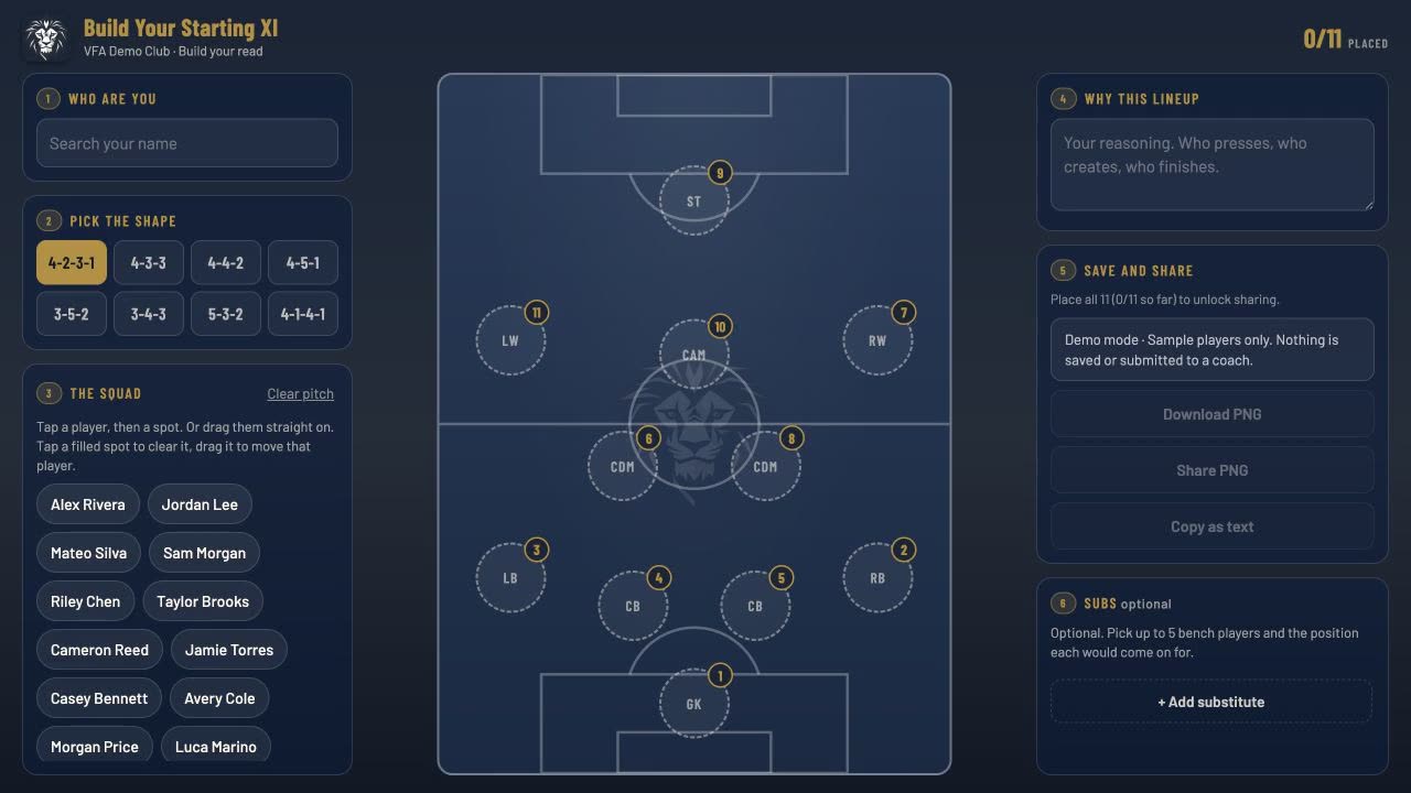 Starting XI lineup filling with players