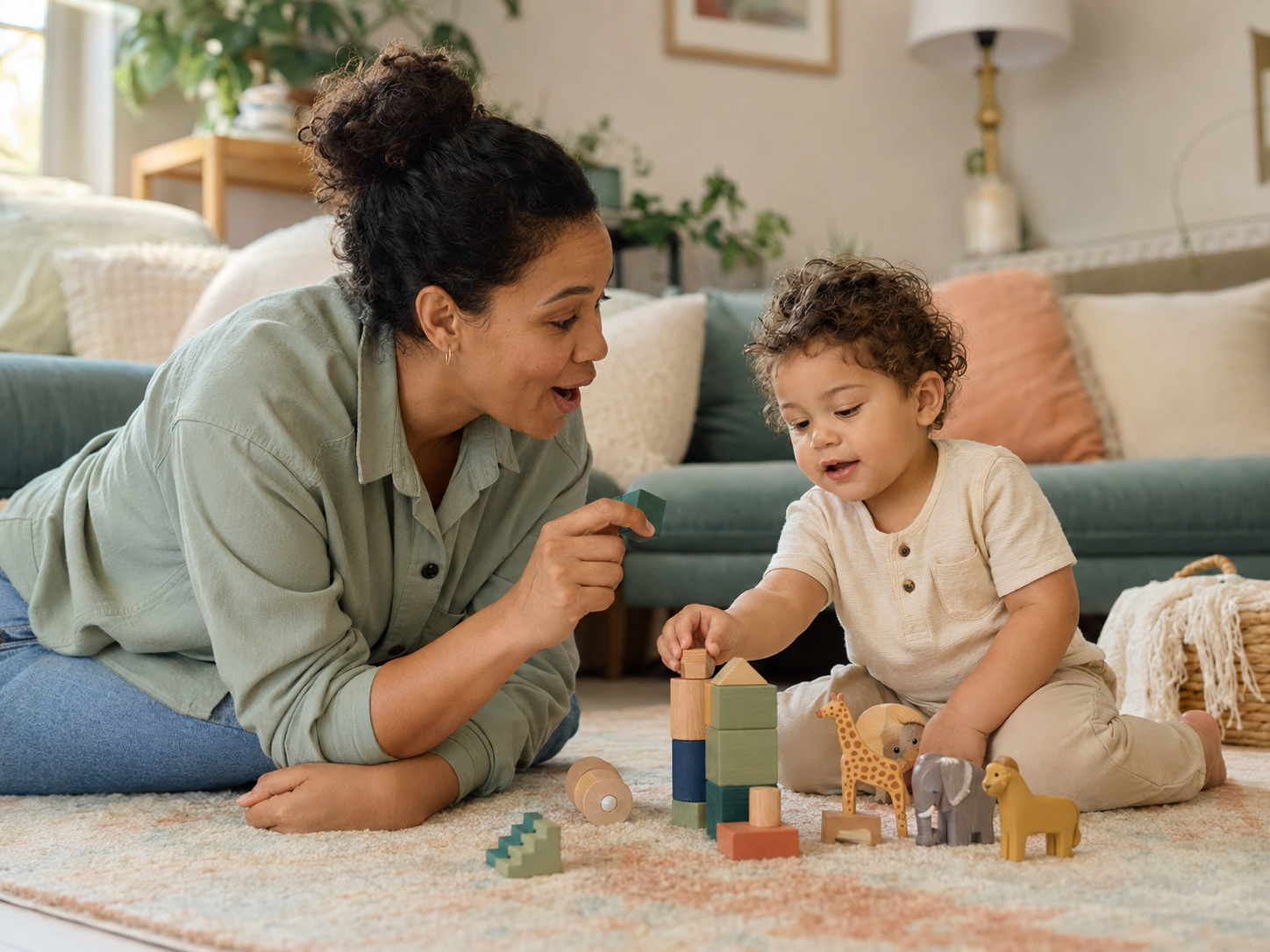 Parent and toddler playing with blocks on the floor