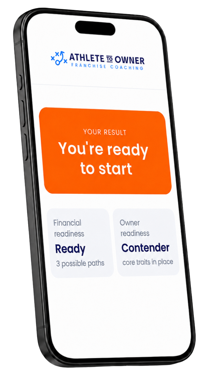 Phone showing Franchise Owner Fit Assessment result with a You're ready to start banner