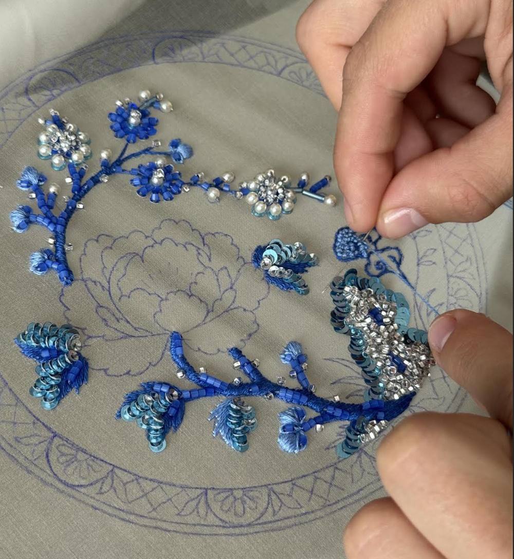 Beaded and sequinned three dimensional embroidery in progress