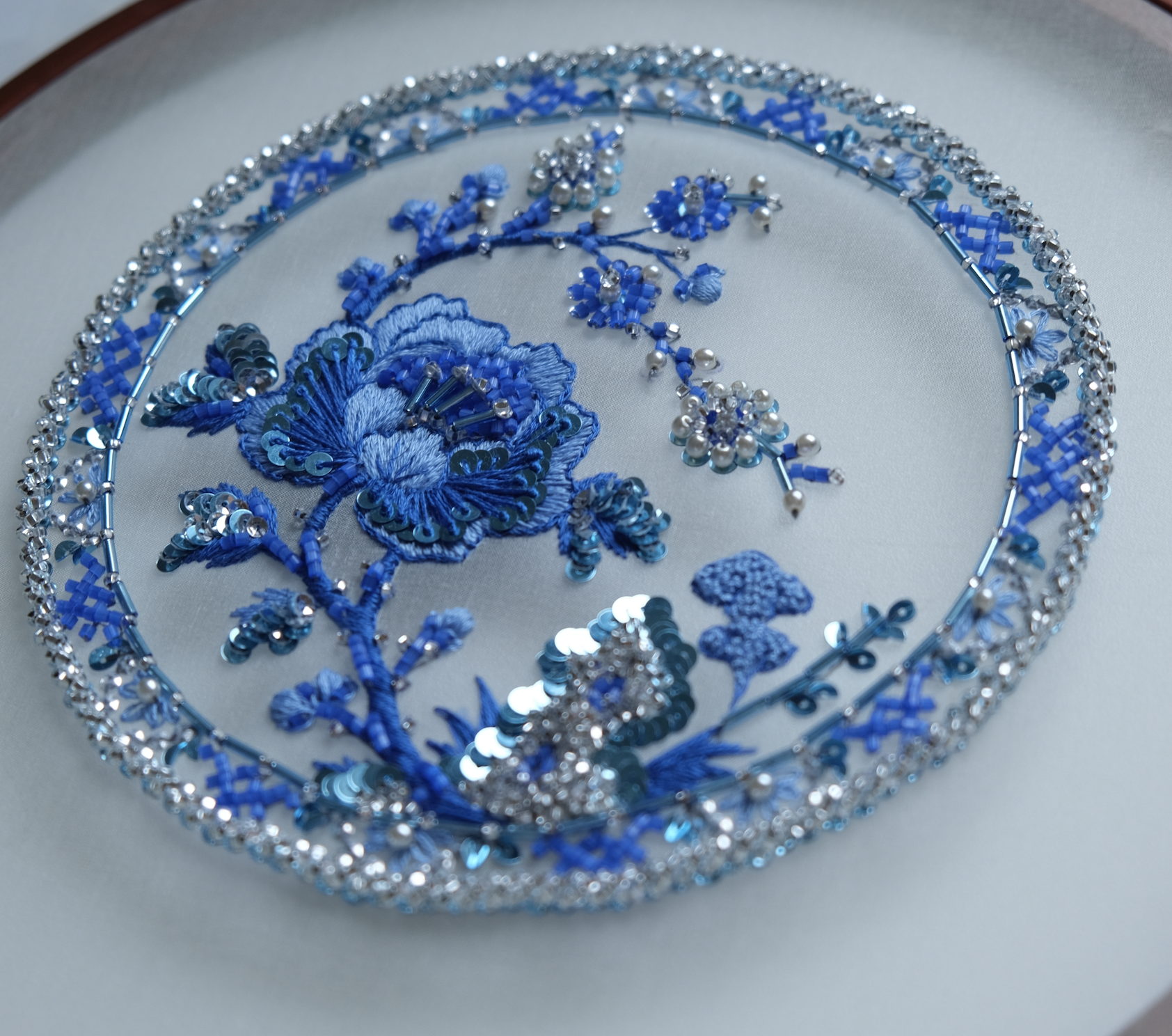 The October Challenge piece, blue silk embroidery with beads and sequins