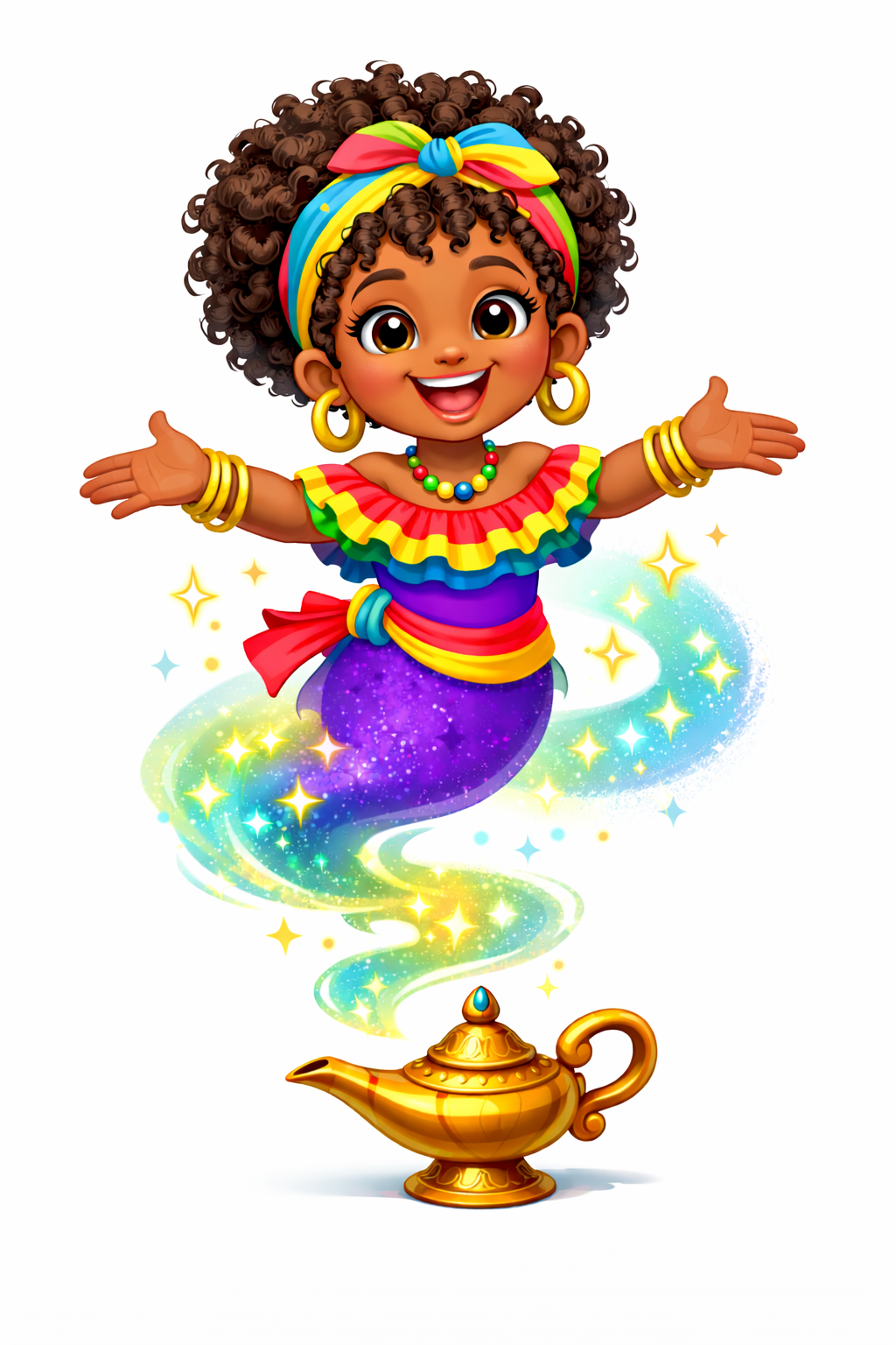 Bee the Genie smiling beside her golden genie lamp