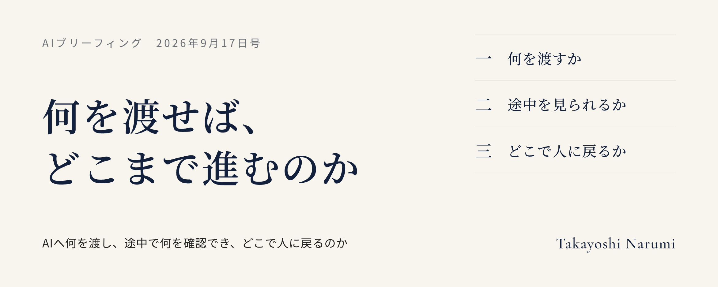 生成りの背景に藍色の見出しで、AIブリーフィングの三つの問いを配置したClaude Designのヘッダー画像