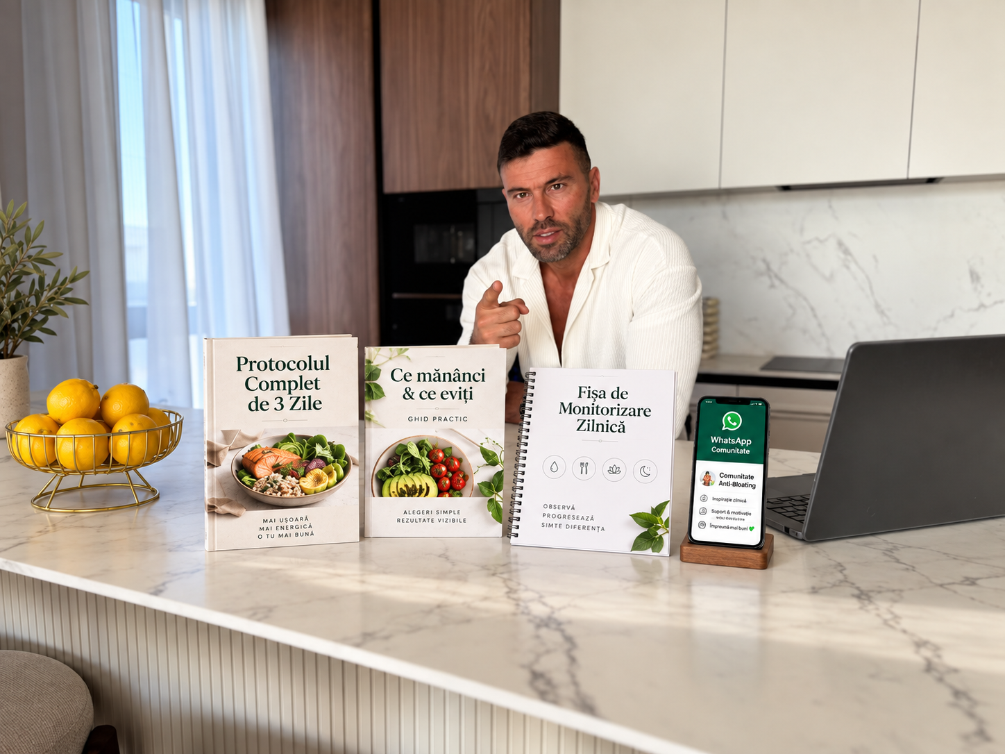 Alex în bucătărie, cu componentele protocolului pe blat