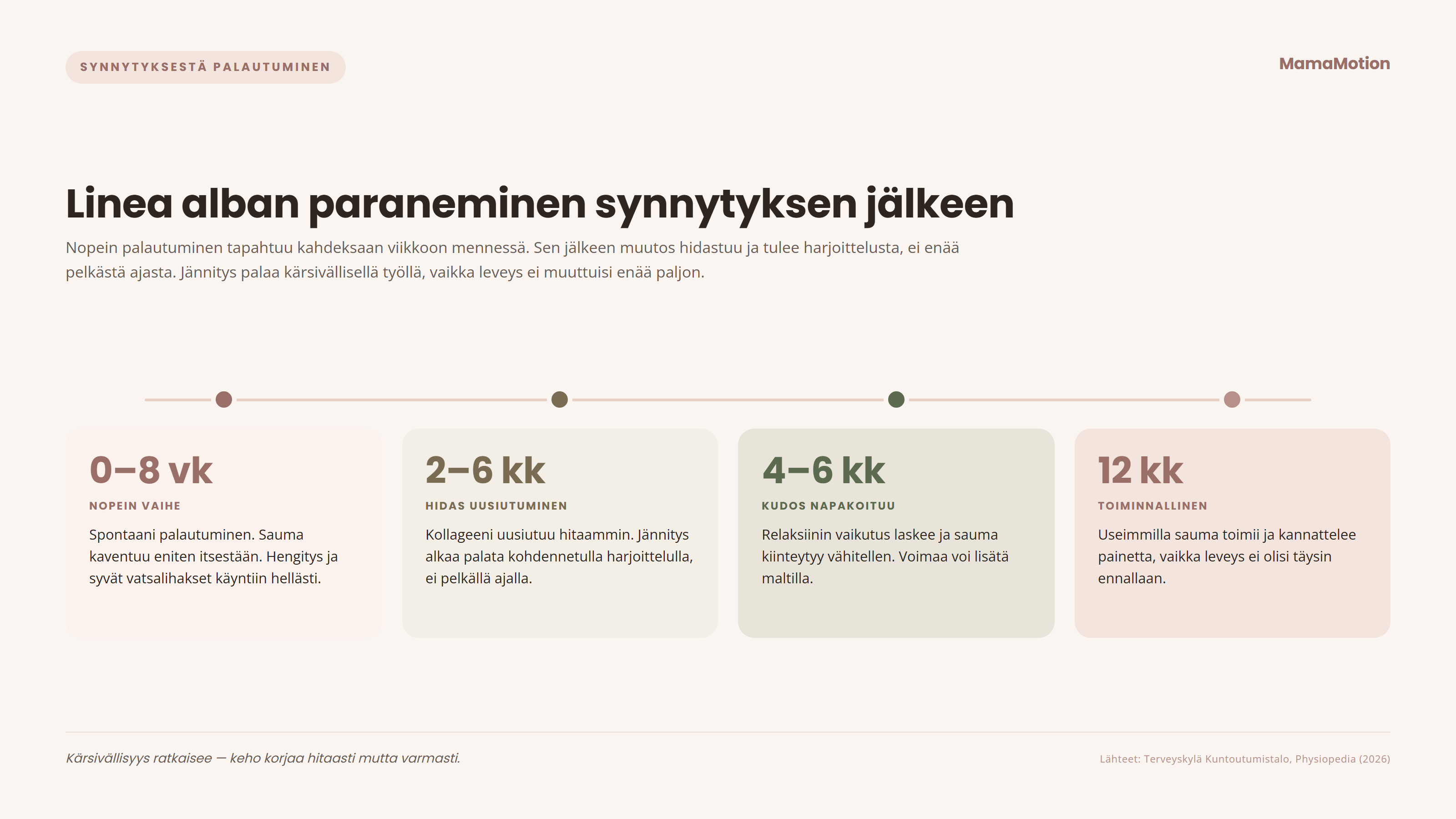 Linea alban paranemisen aikajana synnytyksen jälkeen: nopein spontaani palautuminen 0–8 viikkoa, hitaampi kollageenin uusiutuminen 2–6 kuukautta, kudoksen napakoituminen relaksiinin laskiessa 4–6 kuukautta ja toiminnallinen palautuminen noin 12 kuukauteen mennessä.