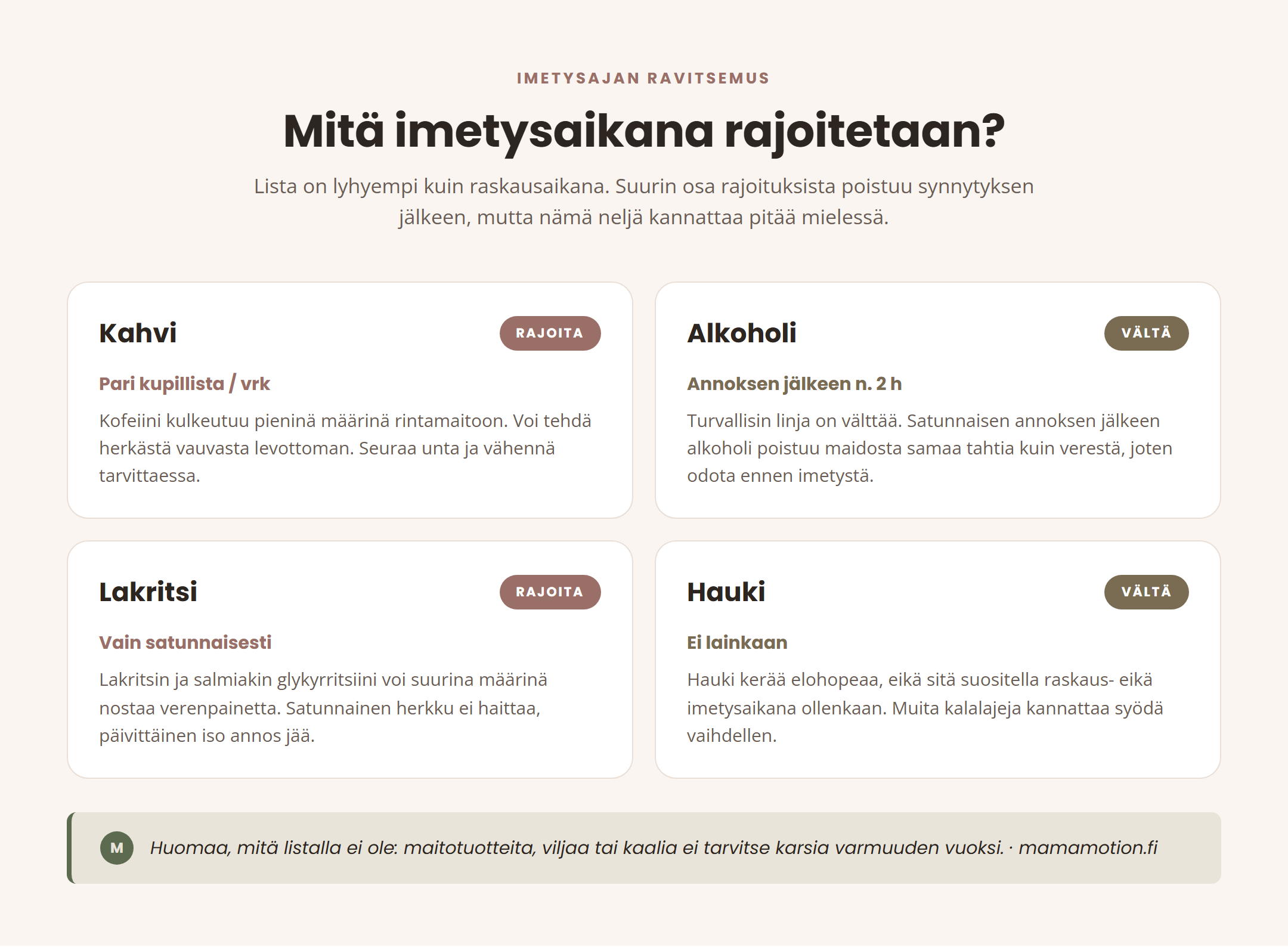 Infografiikka imetysajan rajoituksista: kahvi pari kupillista päivässä ja lakritsi vain satunnaisesti rajoitetaan, alkoholi vältetään ja sen jälkeen odotetaan noin kaksi tuntia, hauki vältetään kokonaan elohopean vuoksi