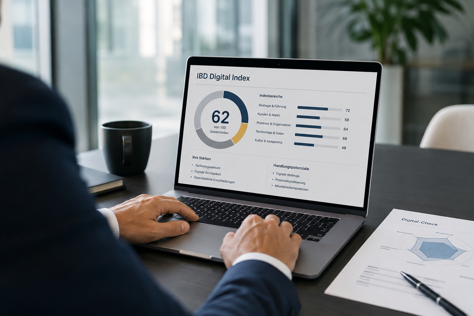 Unternehmer bei der Analyse des IBD Digital Index auf einem Laptop
