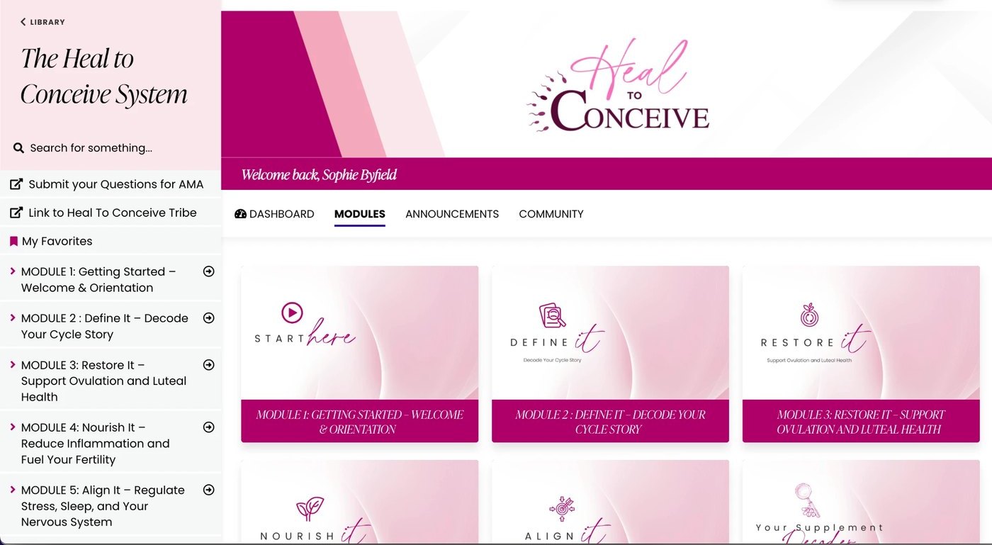 The Heal to Conceive System library in Kajabi: Define It, Restore It, Nourish It, Align It and more