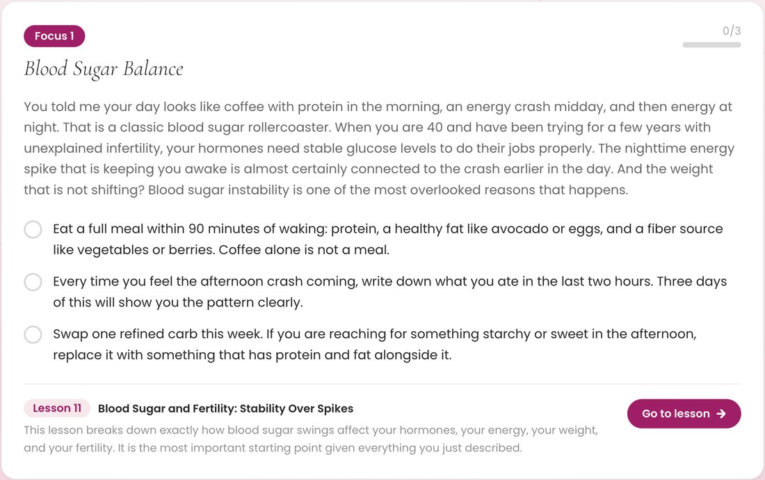 A focus area from the Cycle Coach plan: Blood Sugar Balance, with three simple tasks and the lesson to watch