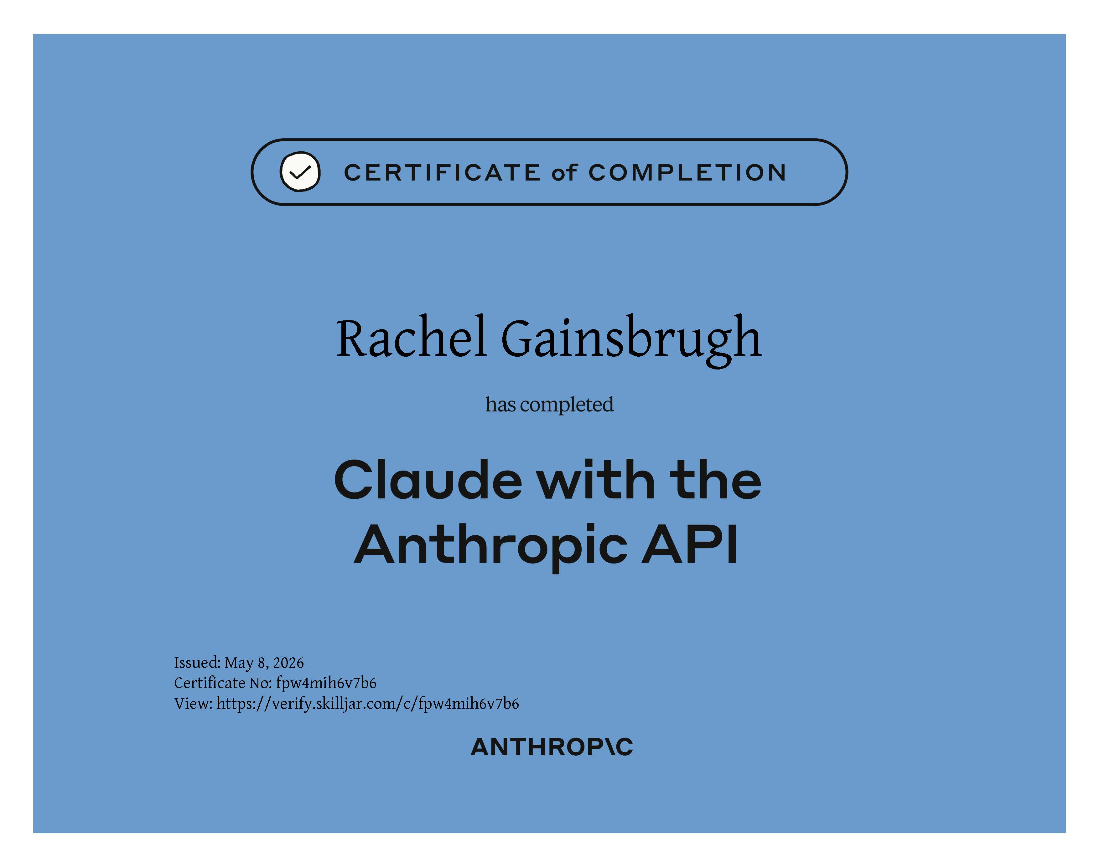 Anthropic certificate: Claude with the Anthropic API
