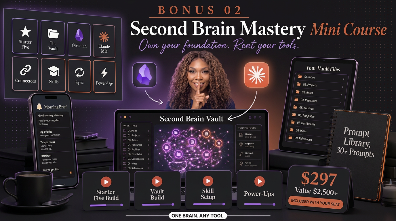 Second Brain Mastery — Starter Five, Vault, Obsidian, Claude MD, connectors, skills, sync, and power-ups