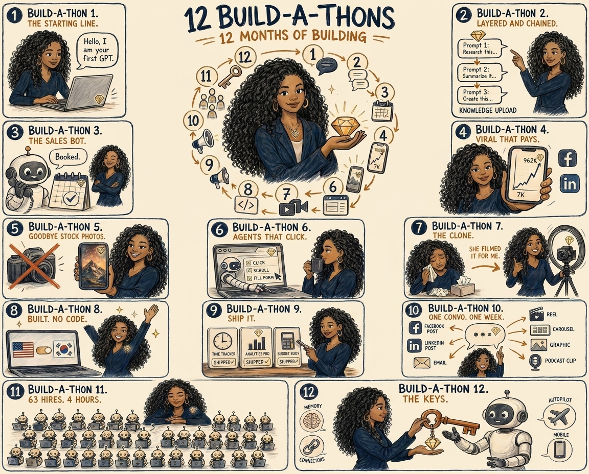 Twelve Build-a-Thons illustrated, one per month