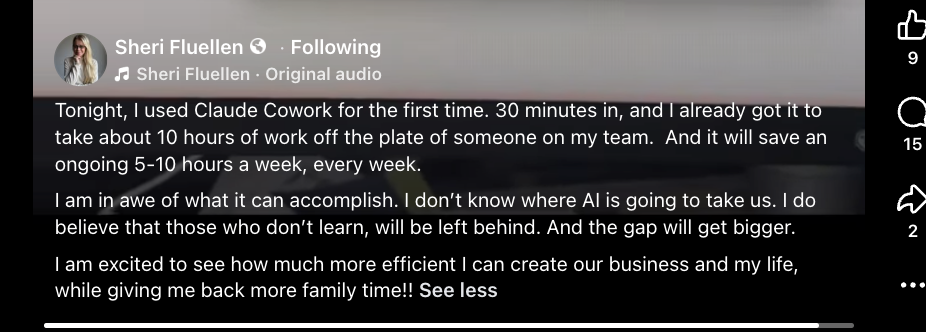 Sheri Fluellen LinkedIn post — 30 minutes saved 10 hours a week