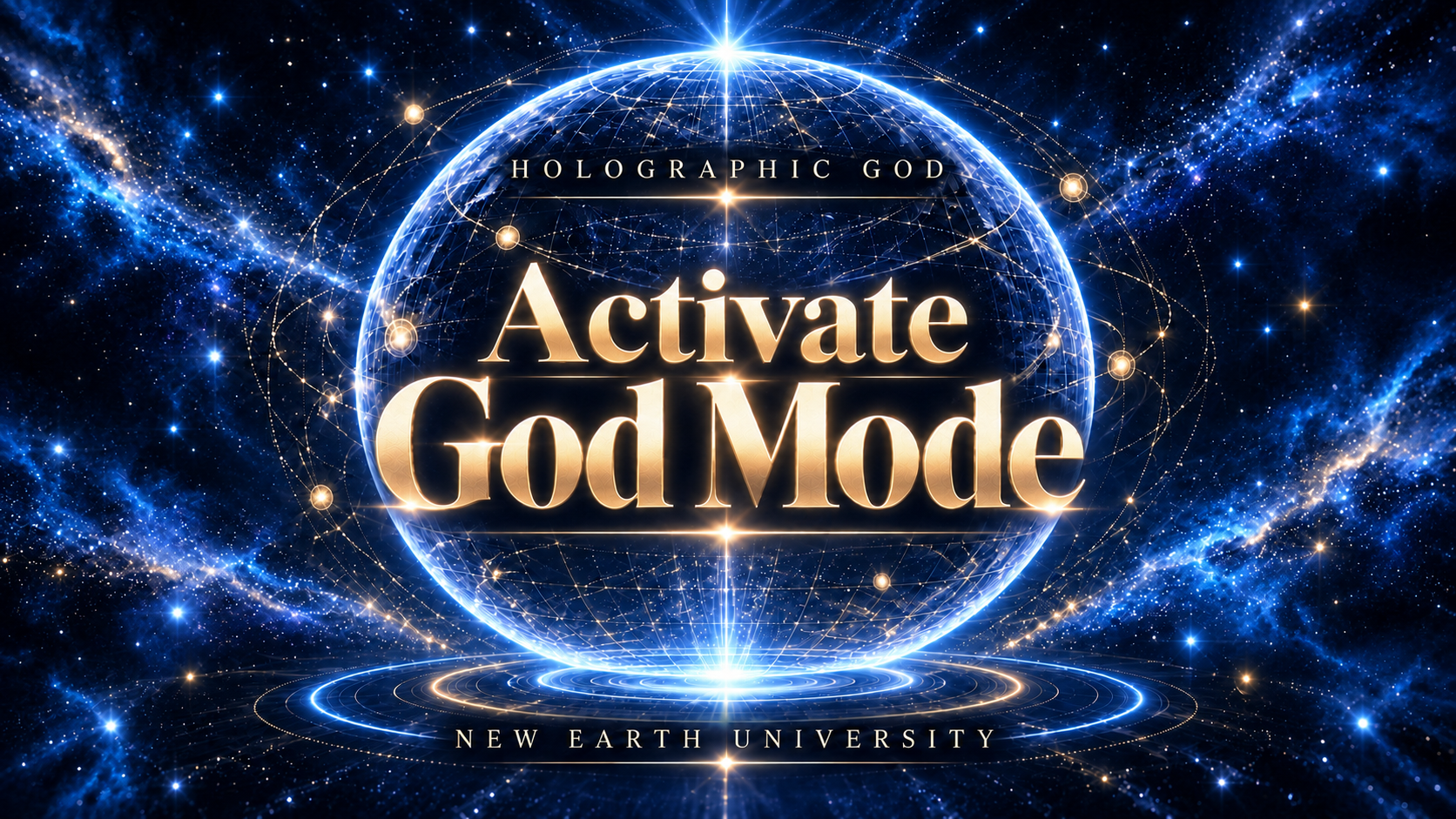 Holographic God — Activate God Mode. A luminous blue holographic sphere surrounded by golden orbits and stars.