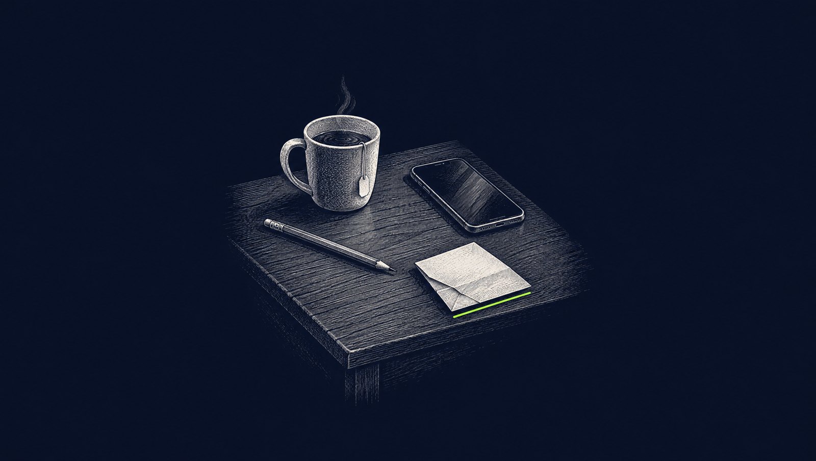 A desk with a mug, a phone and a note