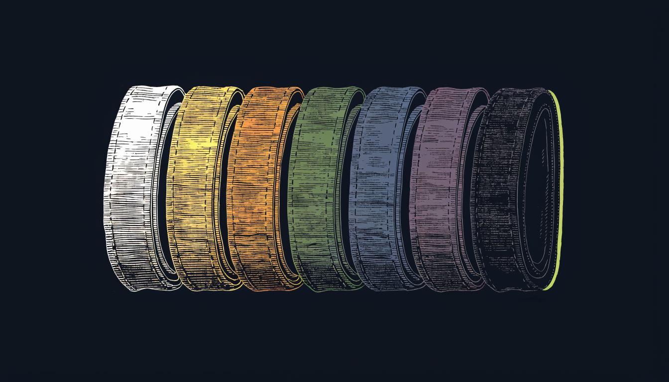 Eight martial-arts belts laid in a row, white through black, engraved still-life