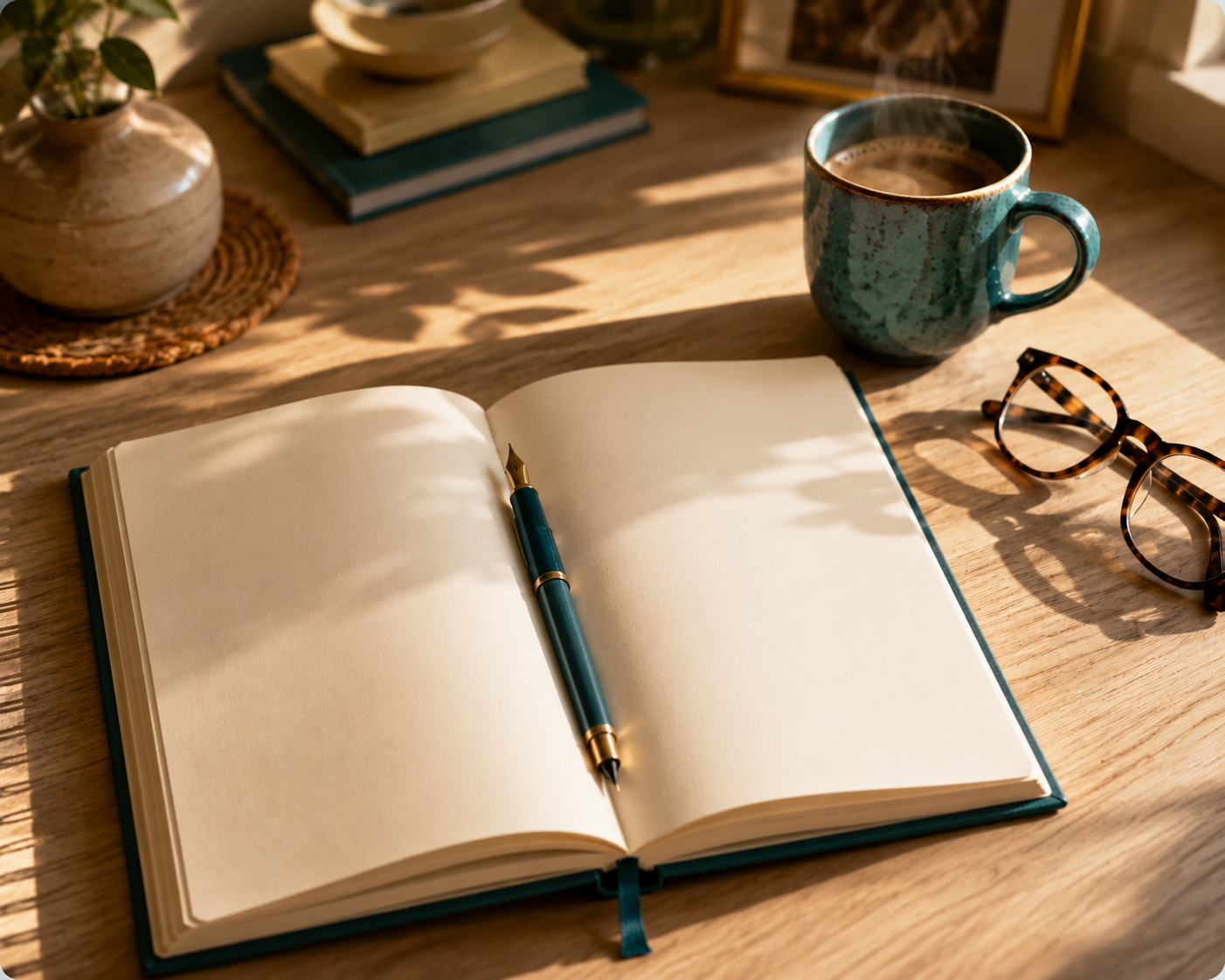 An open journal with blank pages and a teal fountain pen on an oak desk in warm morning light, beside a steaming teal mug and reading glasses