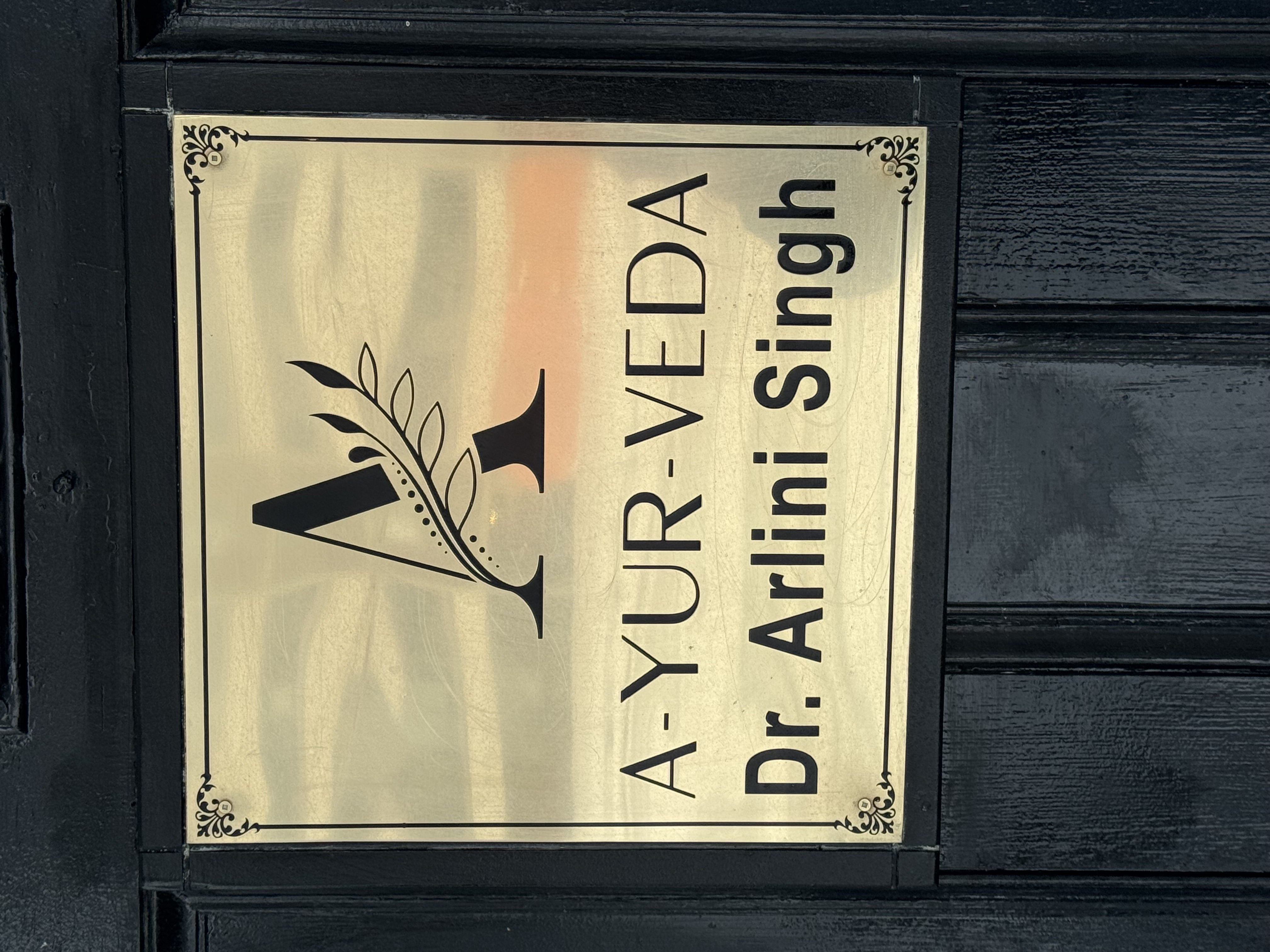 The brass A·YUR·VEDA name plate on Dr. Arlini Singh's clinic door.