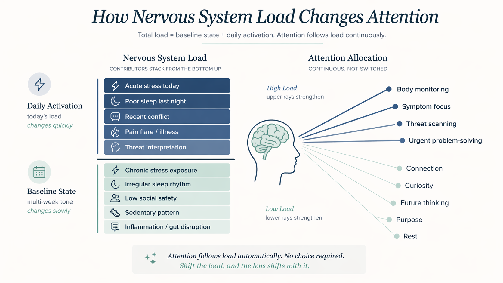 Diagram showing how rising nervous system load narrows attention toward threat