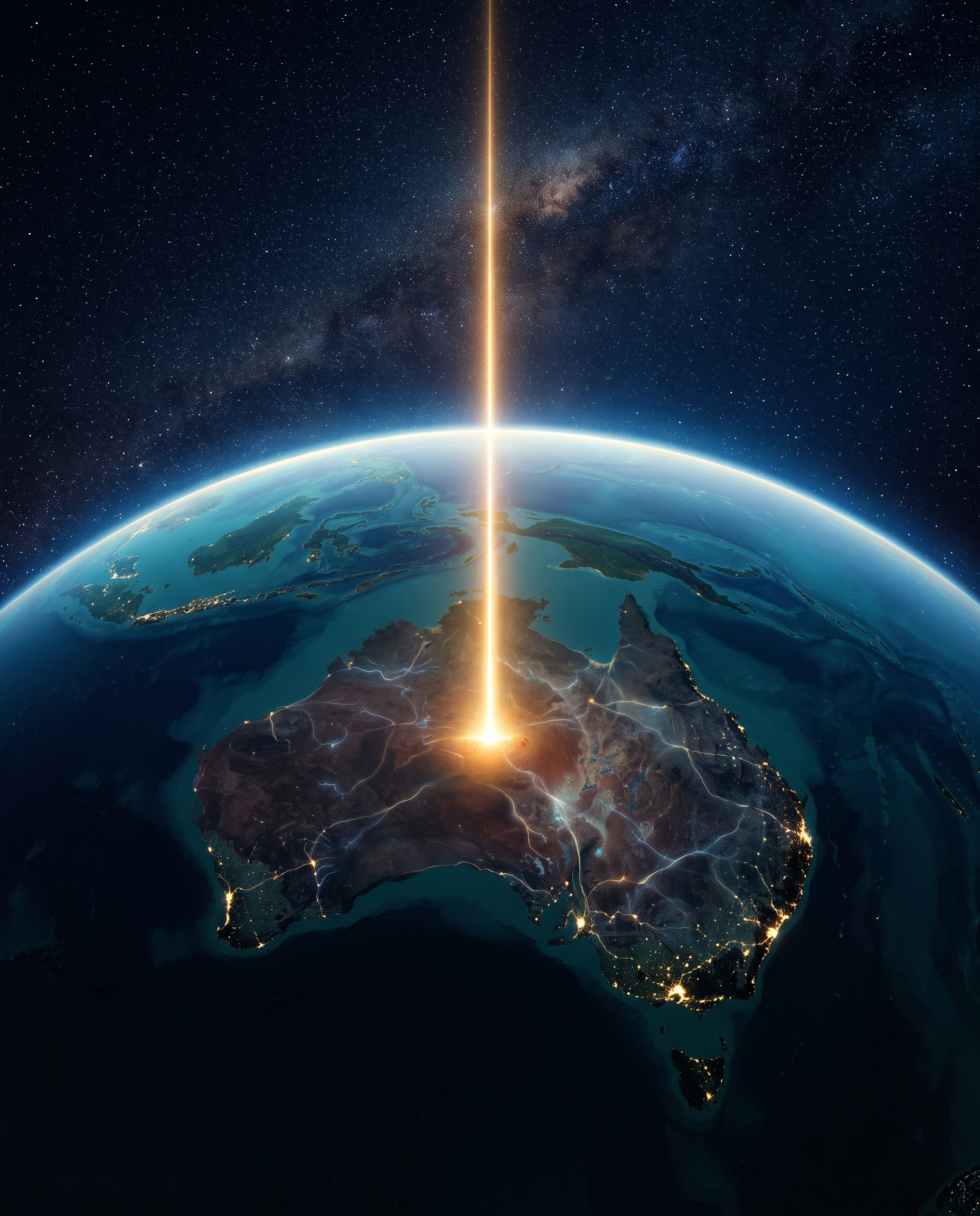 Golden light rising from Uluru across the Australian continent