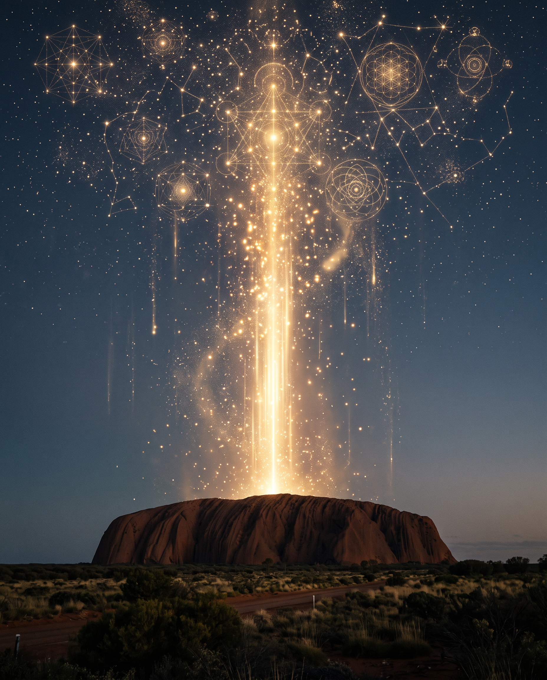 A column of golden light rising from the centre of Uluru