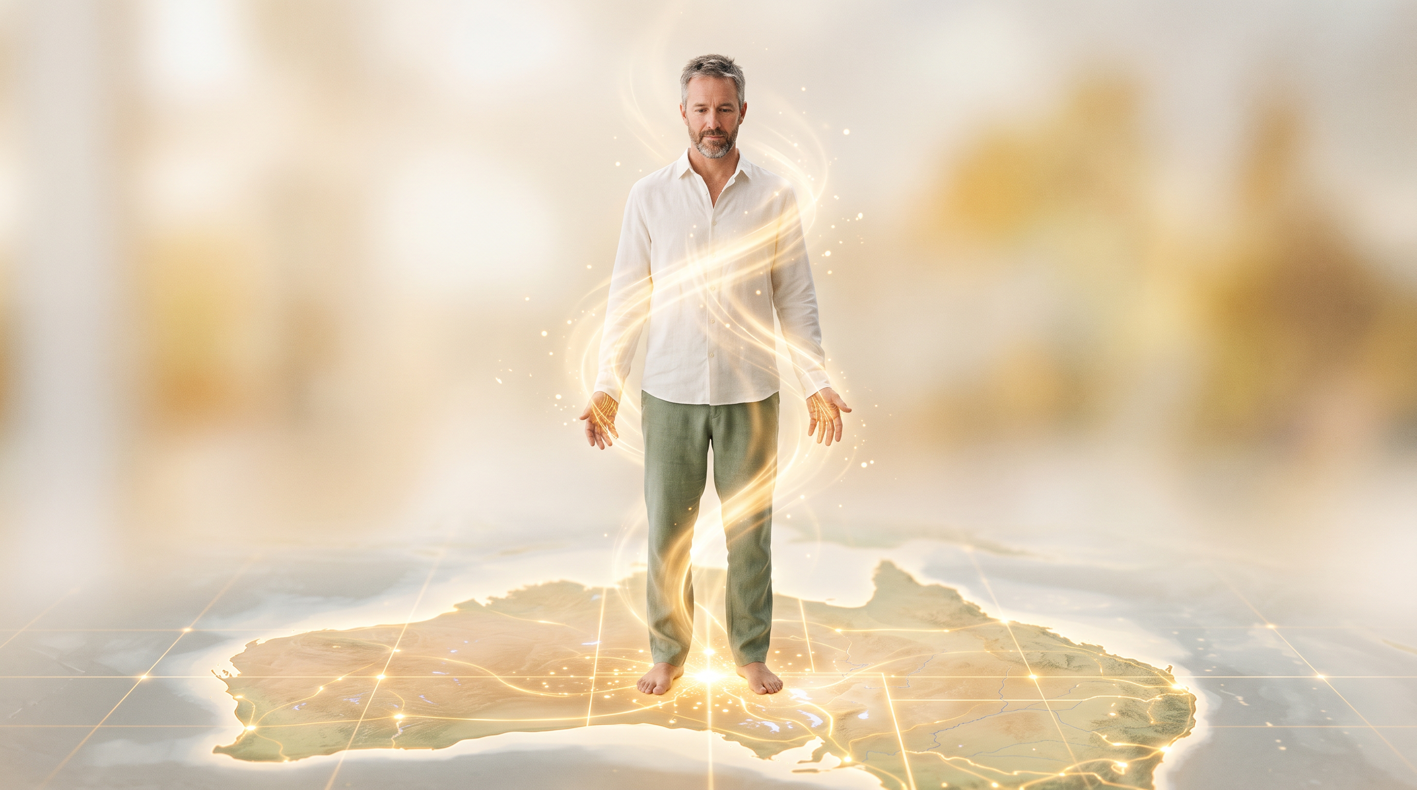 A man standing at the centre of a glowing map of Australia