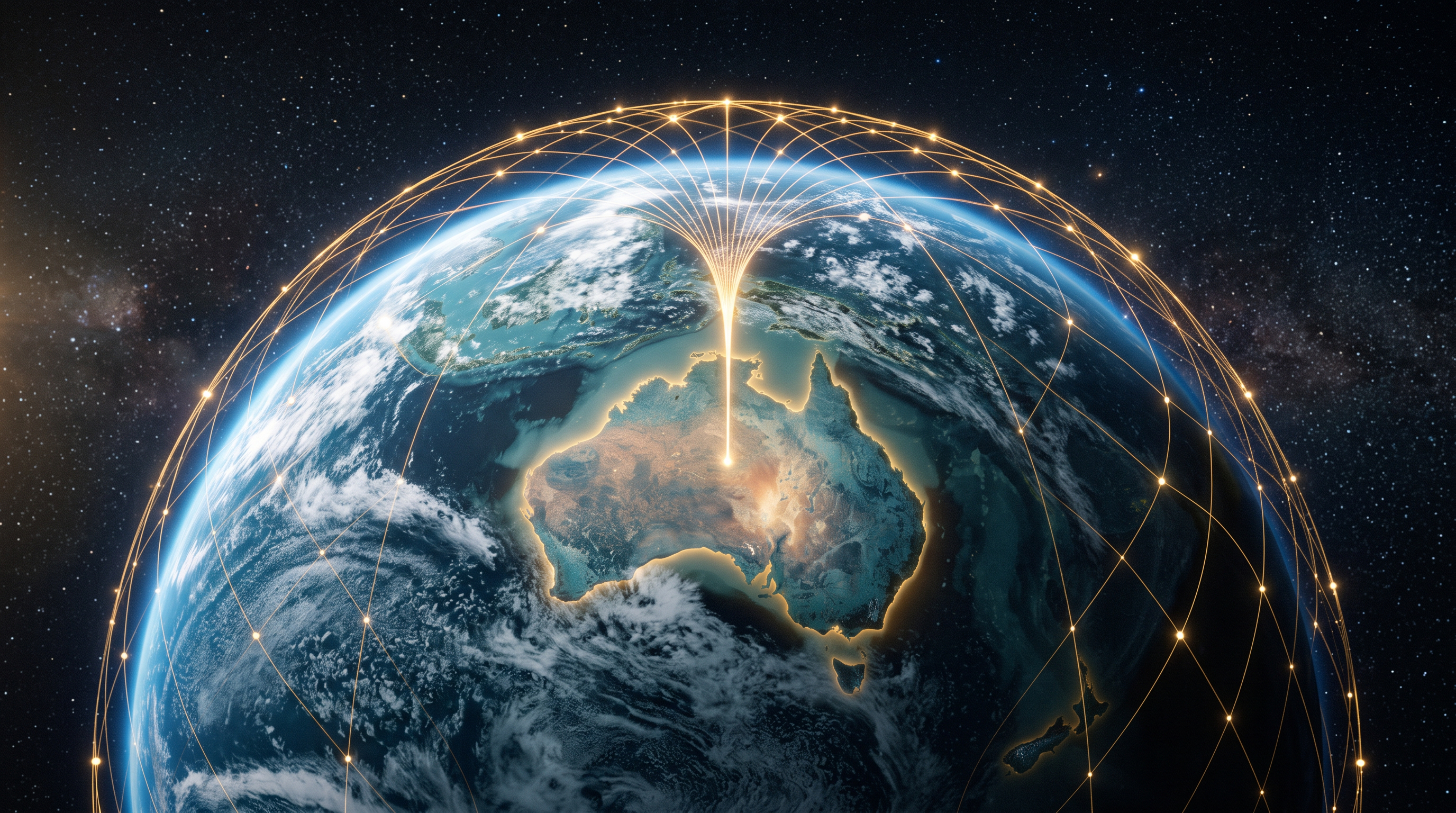 Earth from space with golden light rising from Australia