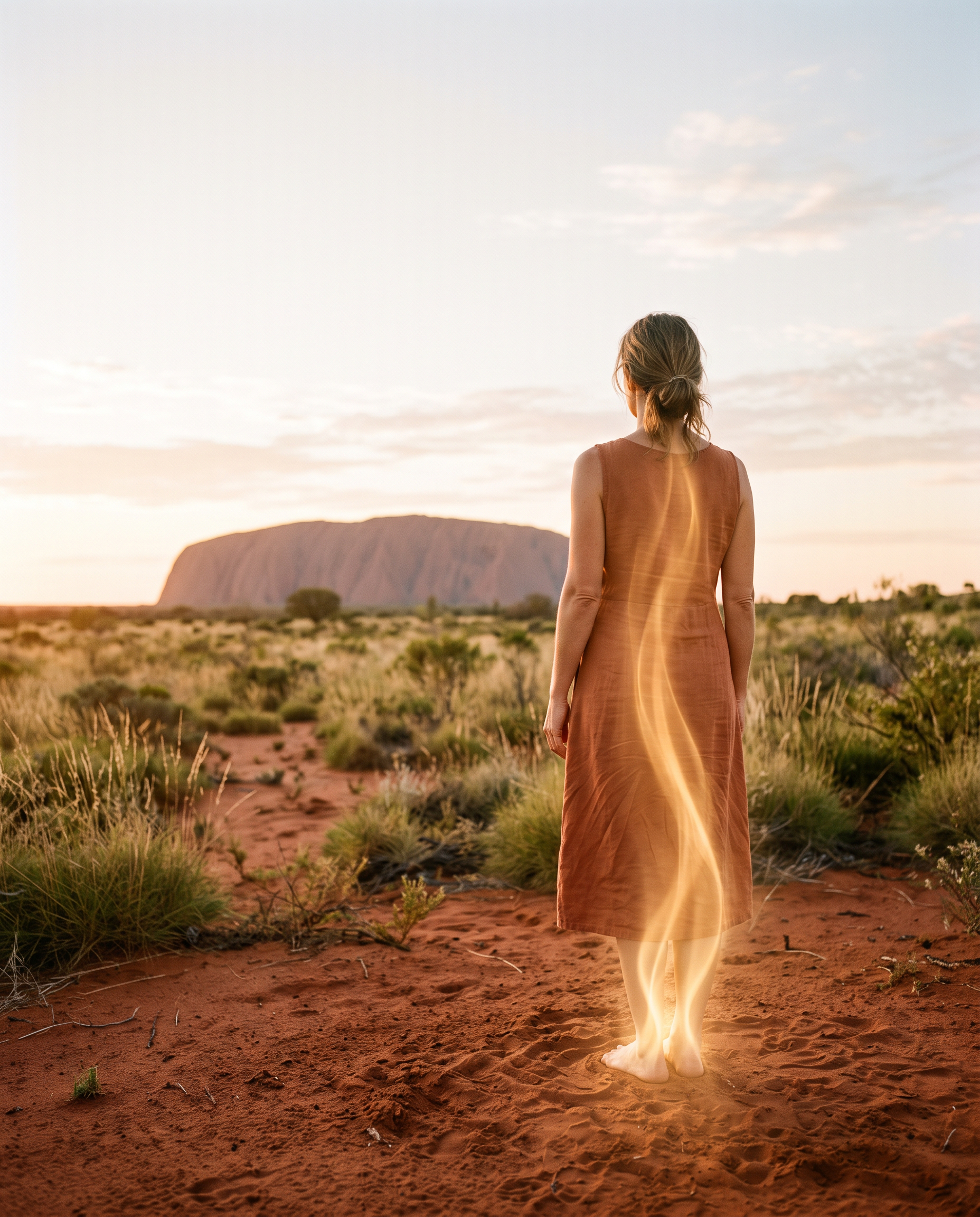 A woman standing before Uluru as a current of light rises through her