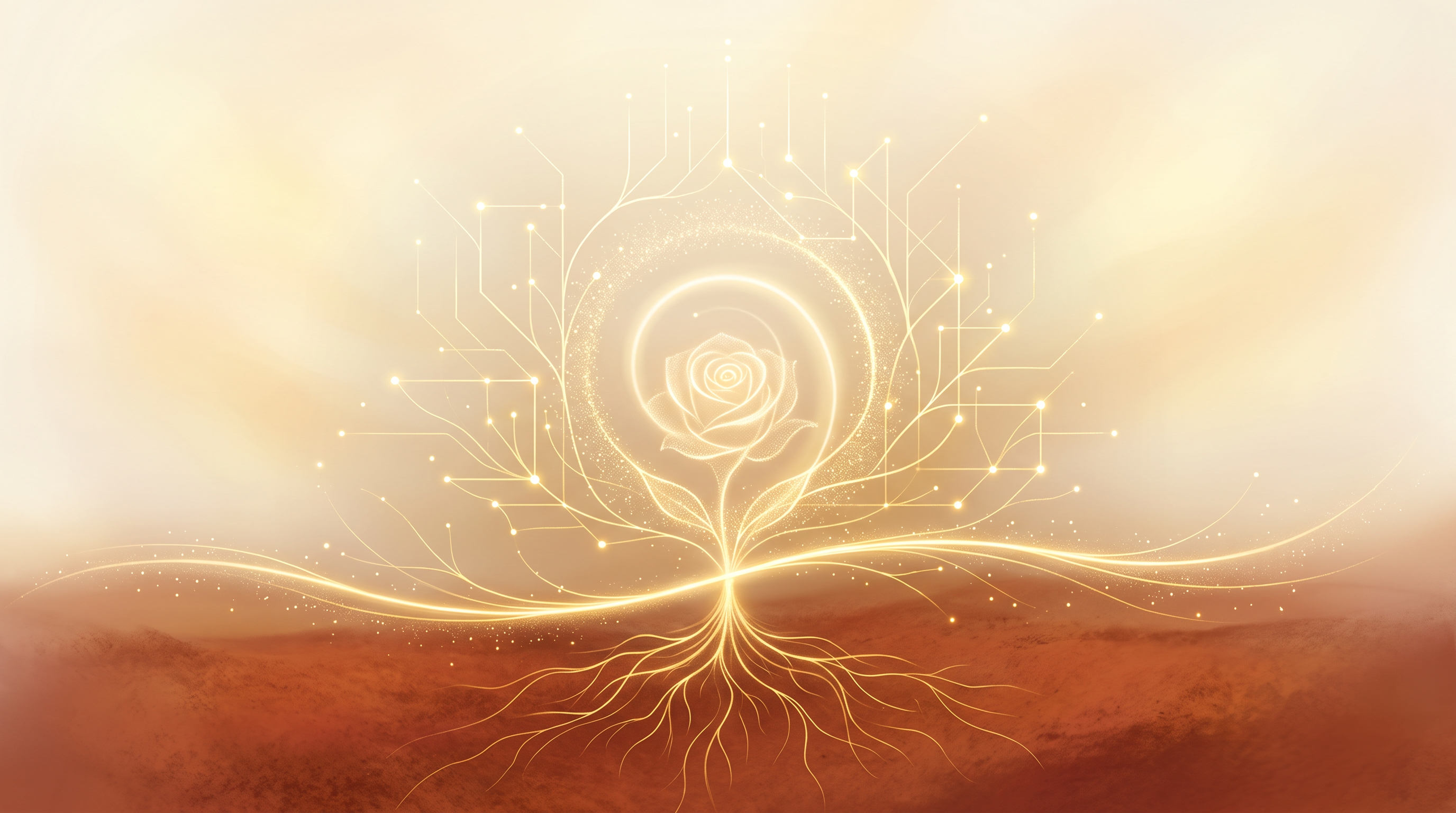 Golden blueprint of light rising from the red earth