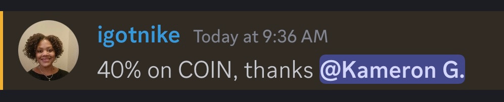 40% on COIN, thanks Kam